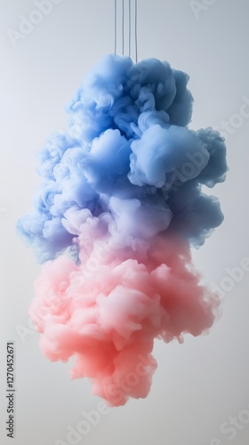 Colorful smoke puff in blue and pink against a light background during daytime