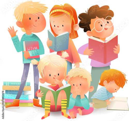 Group of boys and girls of different age reading books learn and study. Children reading books together, schoolchildren character illustration for education. Vector clipart cartoon watercolor colored.