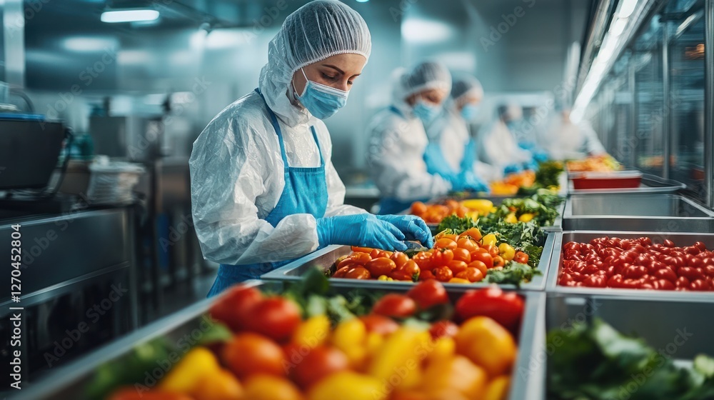Obraz premium Factory workers process vegetables on assembly line