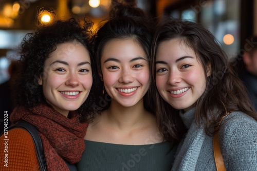 Three women with curly hair smile together at a tropical location during the day