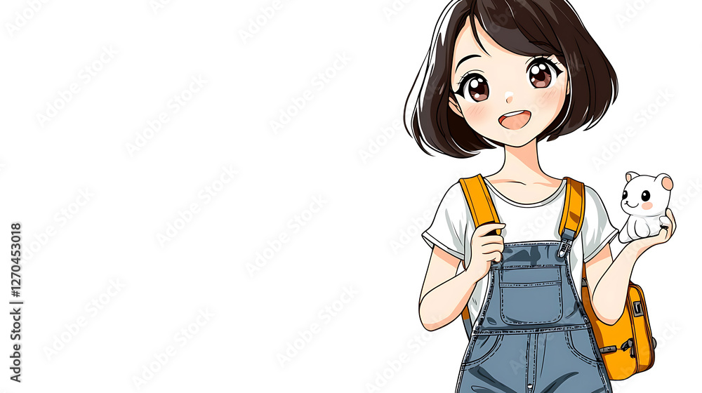 A girl is holding a stuffed animal in her hands while wearing a backpack. generated using AI