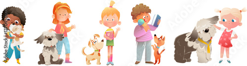 Children and dogs, pet friendly graphic collection for kids. Cute little kids and their friends dogs, colorful cartoon set. Vector character clip art collection for children.