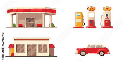 Whimsical Cartoon Gas Station Set: Retro Fuel Pumps, Nozzles, and Roadside Petroleum Service Vector Art