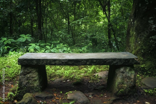 Serene stone bench by a winding path in a lush green forest during midday