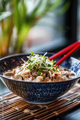 Creamy mushroom noodle soup, restaurant setting, plant background, menu photo