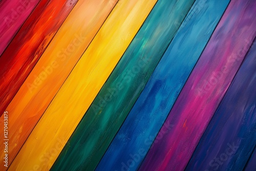 Colorful rainbow wooden planks arranged in a vibrant pattern across the surface