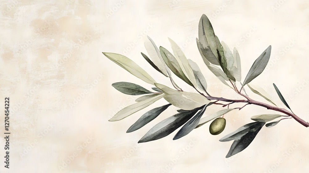 Obraz premium Elegant Olive Branch Watercolor Painting on Rustic Textured Paper, Earthy Botanical Theme