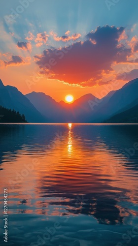 Sunset over mountain lake reflecting vibrant colors at twilight
