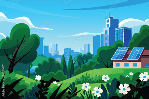 A vibrant, futuristic eco-city under construction, showcasing sustainable architecture, renewable energy, and lush green spaces.  Depict a harmonious blend of nature and technology.