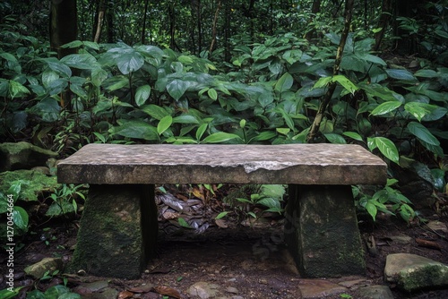 Serene stone bench by a winding path in a lush green forest during midday