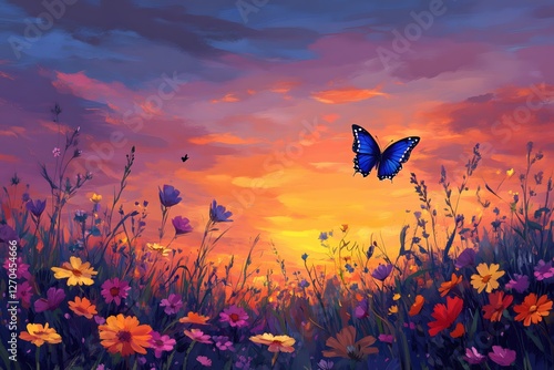 Wallpaper Mural Painted Sunset Meadow with Butterfly and Bird in Flight a Dreamy Impressionistic Scene Torontodigital.ca