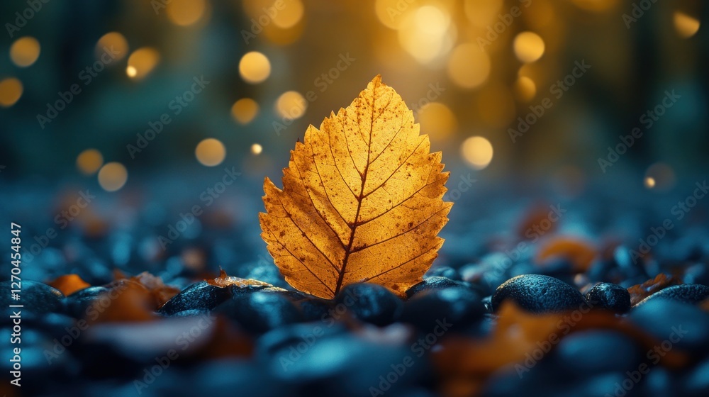 Autumn leaf on stones, glowing forest backdrop Autumn leaf on stones, glowing forest backdrop
