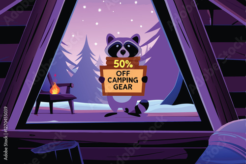 A charming, rustic cabin nestled in woods, featuring a friendly raccoon delicately holding a fifty-dollar bill.  Cozy fireplace & snow.