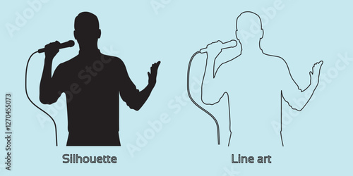 silhouette of man singer with microphone hand drawing line art vector illustration