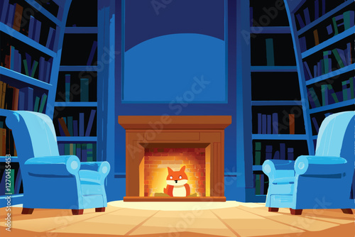 A charming fox wearing glasses sits amidst towering bookshelves in a cozy library, promoting reading.  Warm lighting, comfortable armchairs.