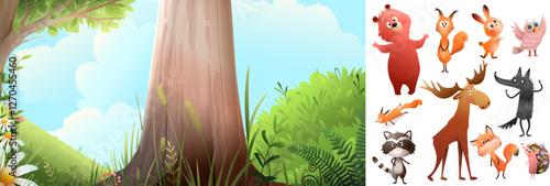 Colorful cartoon illustration of forest landscape and woodland animals. Cute bear wolf fox hedgehog with owl, and a turtle collection. Vector animals and woods background, kids illustration collection