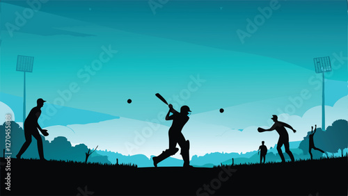 Serene dawn silhouettes of cricket players on a dew-kissed field, long shadows stretching across the lush green grass.