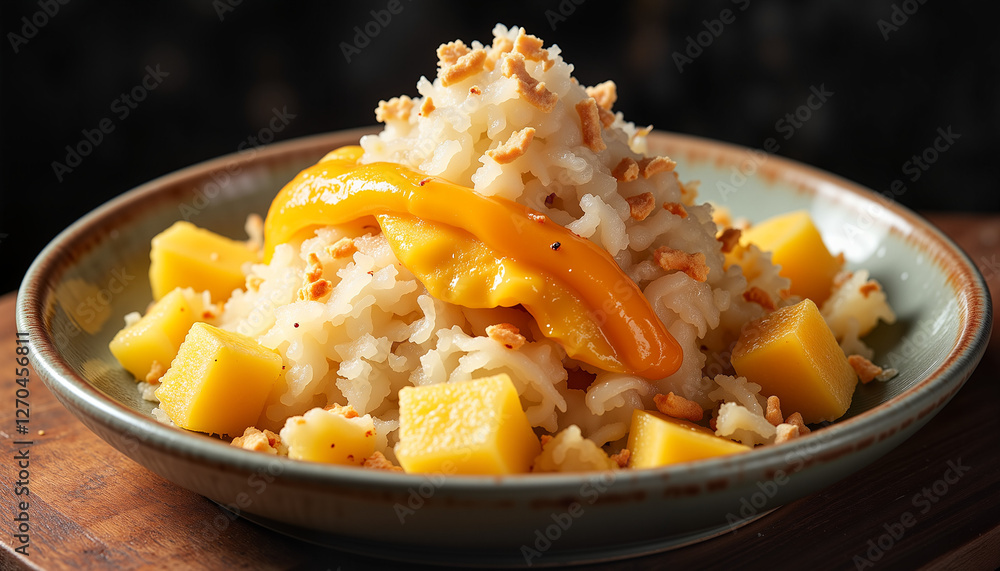 Delicious Korean Bingsu topped with mango and coconut, tropical delight