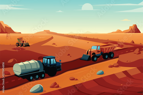 A sun-baked desert road under construction, showing heavy machinery, uneven terrain, and sparse vegetation.  Focus on the contrast between harsh landscape and human intervention.