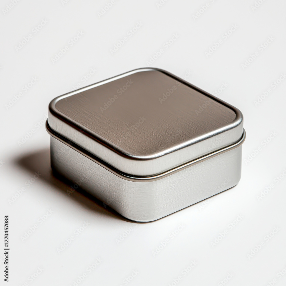 Custom packaging branding concept. Metallic Square Container with Smooth Surface Ideal for Packaging and Gift-Giving Projects Custom packaging branding concept. Metallic Square Container with Smooth Surface Ideal for Packaging and Gift-Giving Projects
