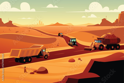 A sun-baked desert road under construction; heavy machinery, orange cones, and disturbed earth contrast against the stark, arid landscape.