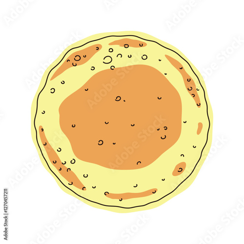 Fresh ruddy pancake, color illustration, flat design, hand-drawn, isolated on white, vector. Sweet delicious dessert for breakfast. An element for design, decoration, Carnival, poster, banner