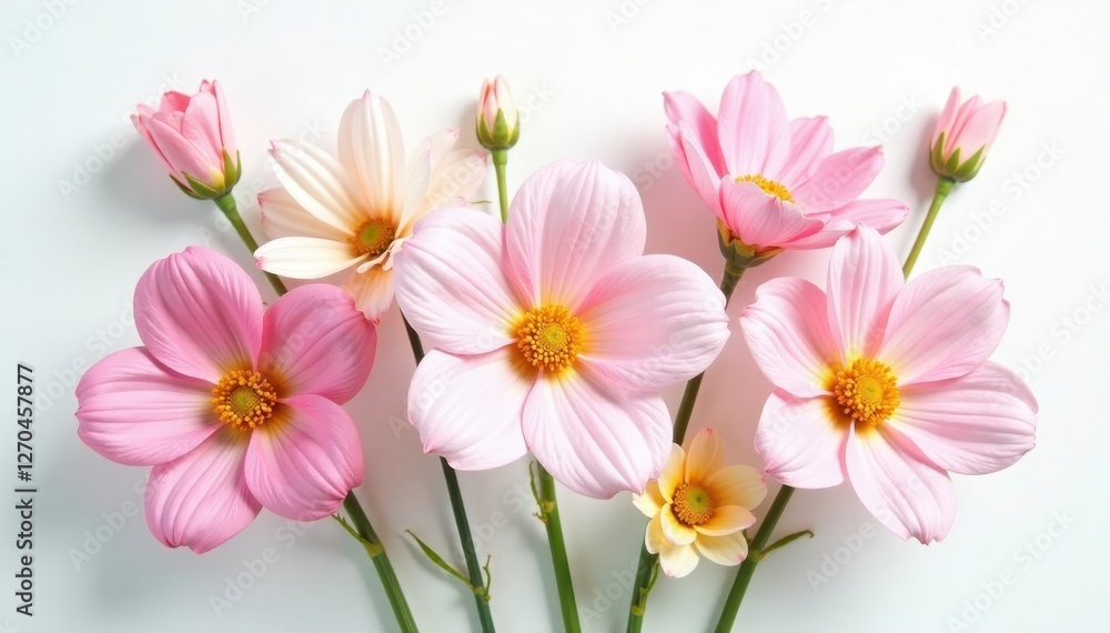 Fototapeta premium Delicate pastel flowers, artful arrangement, pure white background, subtle, summer, stock photo