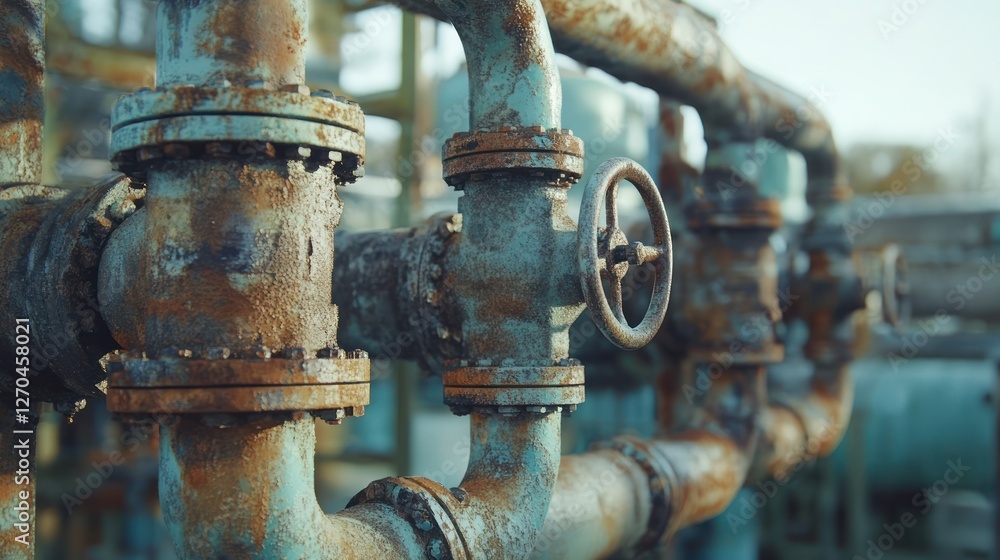 Rusty industrial pipes valve control, outdoor plant Rusty industrial pipes valve control, outdoor plant