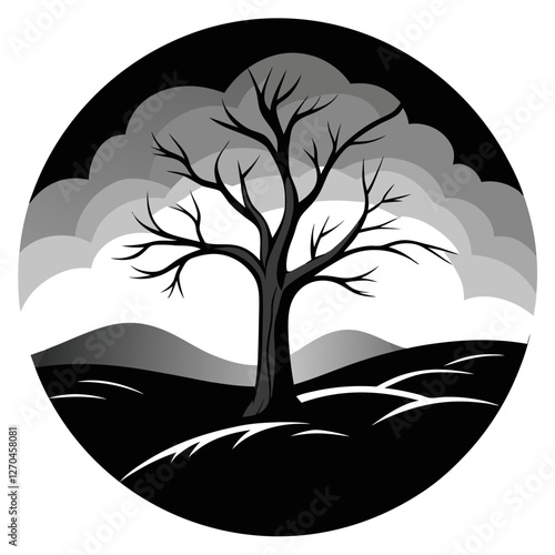 "A desolate field of withered grass under a heavy, clouded sky. A single, bare tree stands in the distance, its twisted limbs stark against the gray expanse." silhouette vector art illustration  