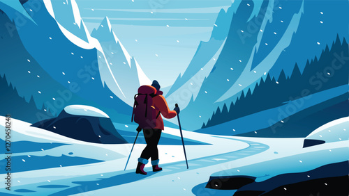 Create a detailed vector illustration of a hiker traversing a snowy mountain trail, emphasizing realistic textures and a cold, wintry atmosphere.