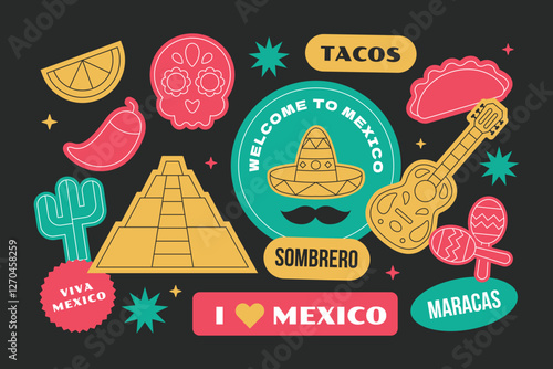 Mexico travel  stickers elements collection in flat style