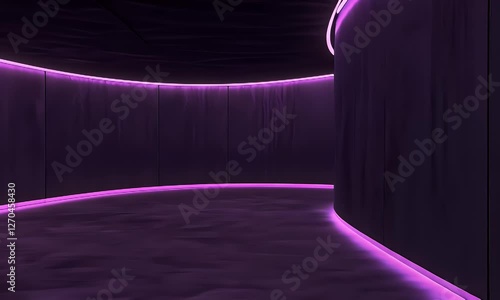 Dark, curved, interior space with purple neon lighting