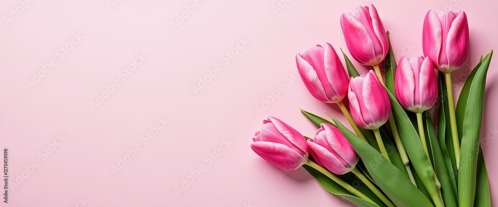 Obraz premium Pink Tulips Bouquet on Pastel Pink Background with Copy Space
