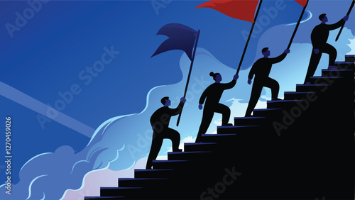 Dramatic vector illustration of diverse people ascending a staircase, emphasizing upward movement and striving.