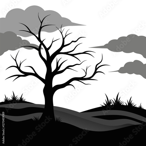 "A desolate field of withered grass under a heavy, clouded sky. A single, bare tree stands in the distance, its twisted limbs stark against the gray expanse." silhouette vector art illustration  