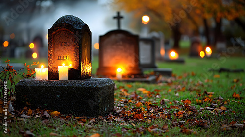 A cemetery with a headstone that says 