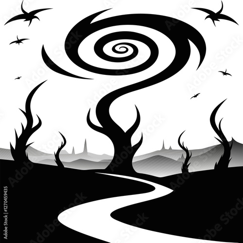 "A barren wasteland covered in swirling dust, with twisted, reaching toward the sky like desperate. The wind carves eerie patterns into the cracked ground." silhouette vector art illustration  