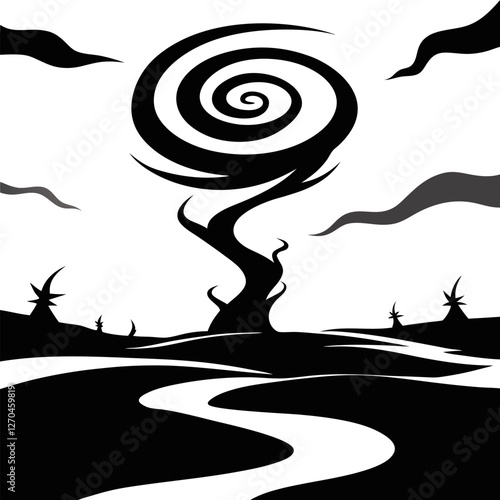 "A barren wasteland covered in swirling dust, with twisted, reaching toward the sky like desperate. The wind carves eerie patterns into the cracked ground." silhouette vector art illustration  