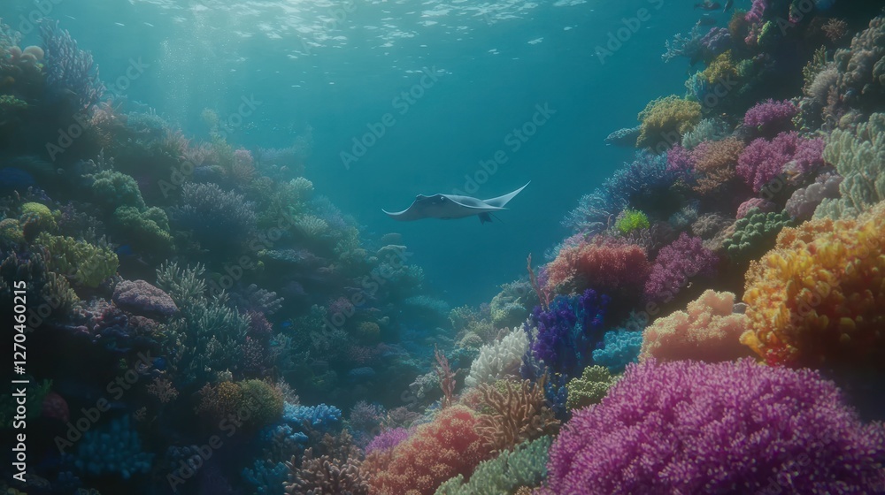 Vibrant Coral Reef Seascape with Stingray Vibrant Coral Reef Seascape with Stingray