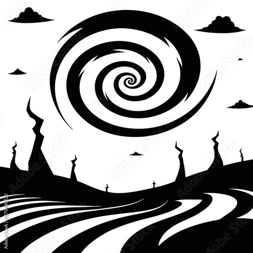 "A barren wasteland covered in swirling dust, with twisted, reaching toward the sky like desperate. The wind carves eerie patterns into the cracked ground." silhouette vector art illustration  