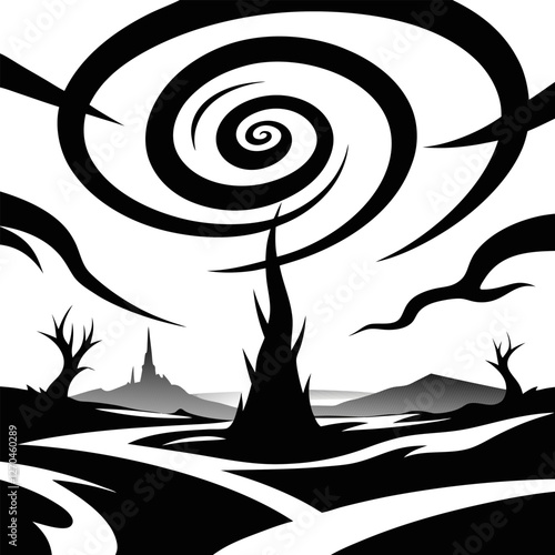 "A barren wasteland covered in swirling dust, with twisted, reaching toward the sky like desperate. The wind carves eerie patterns into the cracked ground." silhouette vector art illustration  
