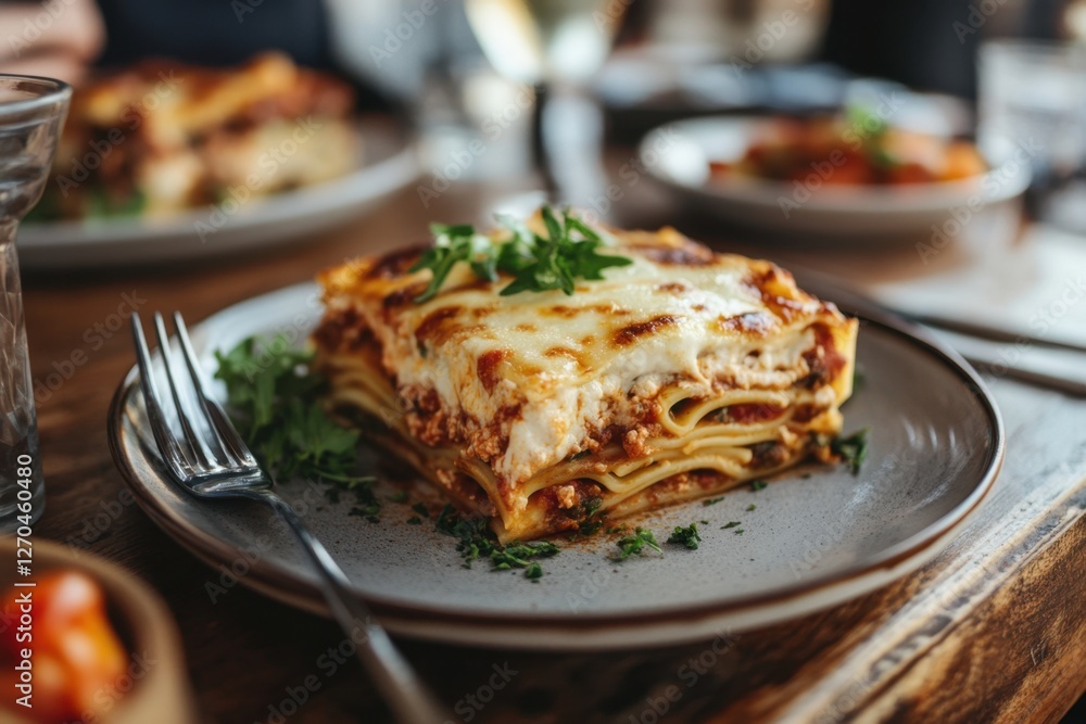 Delicious homemade lasagna served on a rustic wooden table Delicious homemade lasagna served on a rustic wooden table