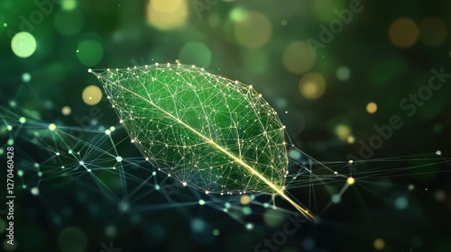 Sustainable Businesses A digital leaf emerges from a network of interconnected dots and lines, symbolizing the intricate web of data that fuels green technology and the interconnectedness of nature