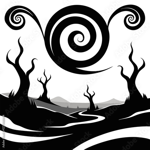 "A barren wasteland covered in swirling dust, with twisted, reaching toward the sky like desperate. The wind carves eerie patterns into the cracked ground." silhouette vector art illustration  