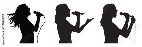 silhouette of woman singer with microphone hand drawing line art vector illustration
