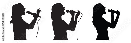 silhouette of woman singer with microphone hand drawing line art vector illustration