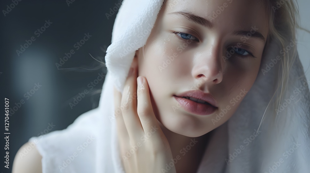 Person tenderly drying their face with a soft plush towel after completing a refreshing washing routine in the bathroom as part of their daily self care and wellness regimen Person tenderly drying their face with a soft plush towel after completing a refreshing washing routine in the bathroom as part of their daily self care and wellness regimen