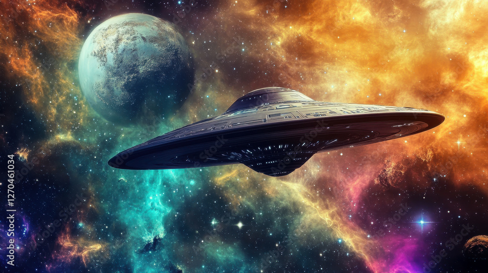 Cosmic Encounter: A photorealistic rendering of a sleek, futuristic spacecraft soaring through a mesmerizing nebula, with a distant planet in the background. Cosmic Encounter: A photorealistic rendering of a sleek, futuristic spacecraft soaring through a mesmerizing nebula, with a distant planet in the background.