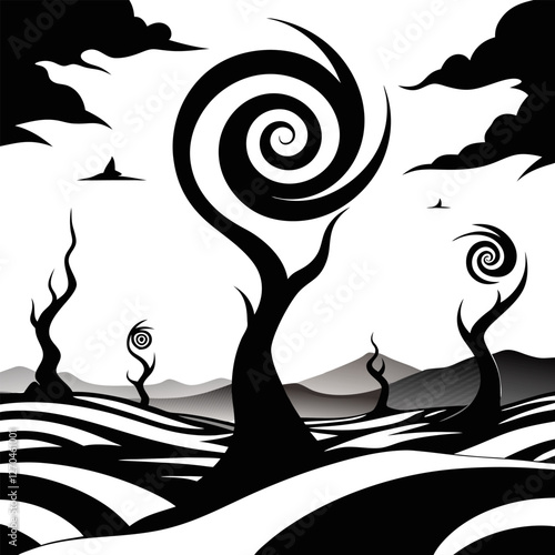 "A barren wasteland covered in swirling dust, with twisted, reaching toward the sky like desperate. The wind carves eerie patterns into the cracked ground." silhouette vector art illustration  
