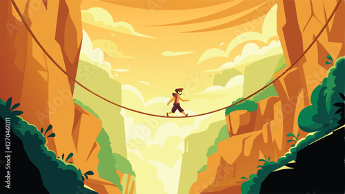 A thrilling, dynamic low-angle shot of a hiker skillfully traversing a taut rope bridge high above a dramatic landscape.